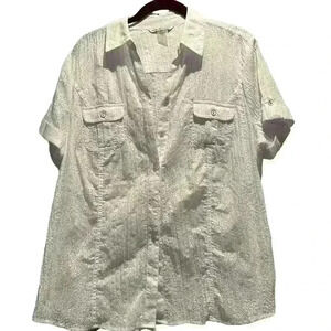 ALLISON DALEY sheer patterned short sleeve white button up blouse size 12